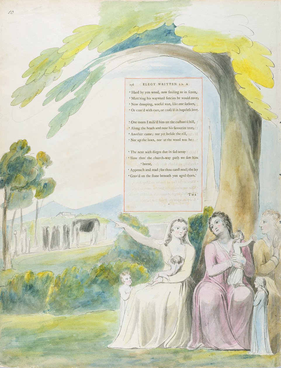 "Elegia kirjoitettu maalaiskirkkopihalle", kuvio 114 teoksesta "The Poems of Thomas Gray", 1797-98 (wc kynällä ja musteella paperille) tekijältä William Blake