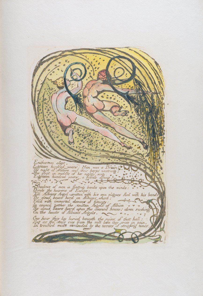 "Enitharmon nukkui...", levy 10 julkaisusta "Europe: A Prophecy", 1794 (tummanruskealla painettu kohokuvioetsaus) tekijältä William Blake