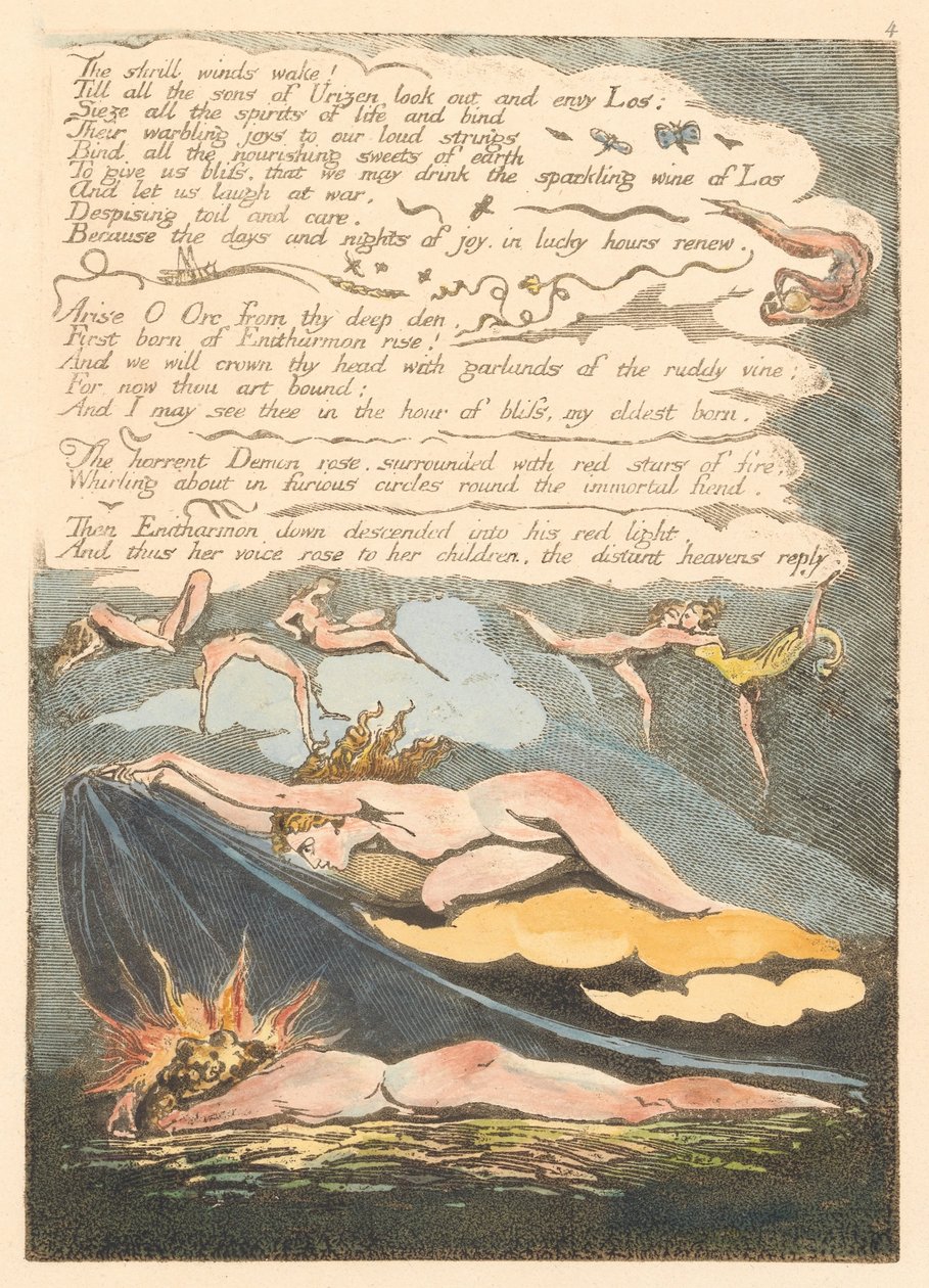 Eurooppa. Profetia, levy 6, Kiiltävät tuulet heräävät. . . . (Bentley 7) tekijältä William Blake