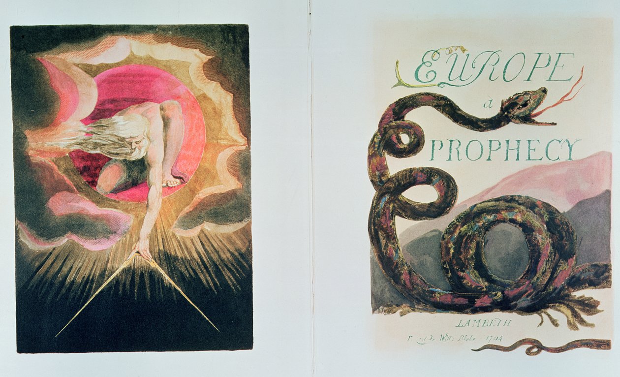 Eurooppa profetia; Vasemmalta oikealle etukappale ja nimilehti; Jumala luo maailmankaikkeuden (Jehovan luoma aineellinen maailma Urizenin, mielikuvituksettoman järjen ruumiillistuma), tekijältä William Blake