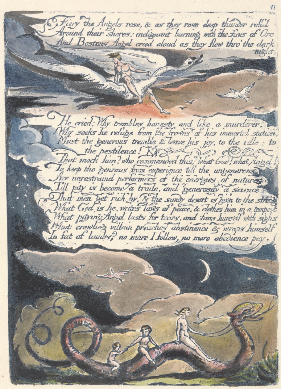 Fiery Angels rose..., levy 13 Amerikasta: Prophecy, 1793 (reliefietsaus painettu sinisellä kynällä & musteella ja wc:llä) tekijältä William Blake