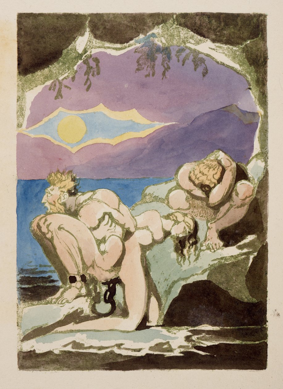 Figuurit kallioilla, niiden yläpuolella aurinko ilmestyy raskaiden pilvien välissä, teoksesta Visiions of the Daughters of Albion, 1793 (reliefi etsaus wc:llä) tekijältä William Blake
