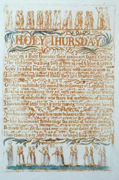 Pyhä Torstai, levy 23 Songs of Innocencesta, 1789 (reliefetsaus wc:llä) tekijältä William Blake