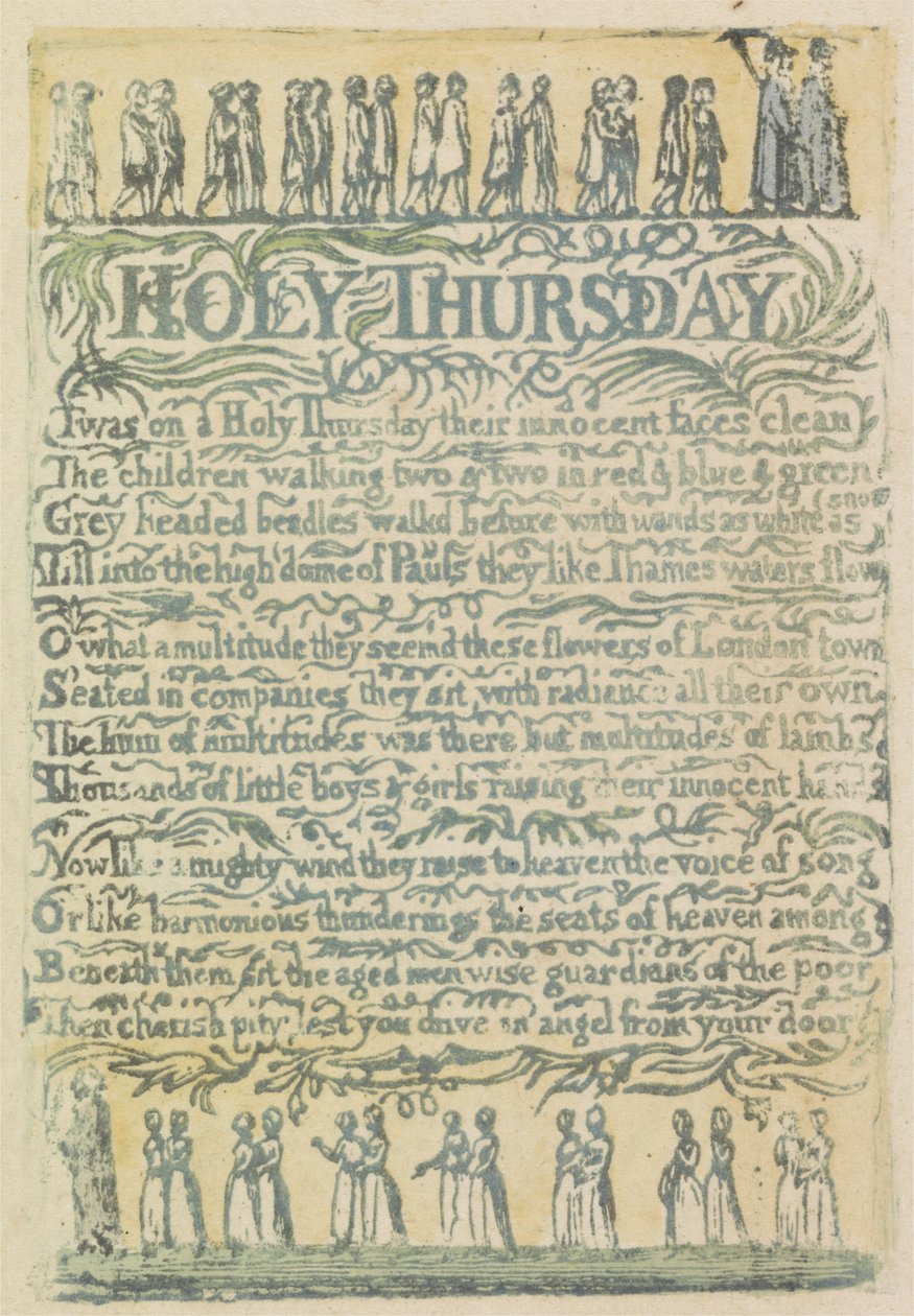 Pyhä Torstai, levy 24 julkaisusta Songs of Innocence, 1789 (käsinvärinen reliefietsaus vesiväreillä) tekijältä William Blake