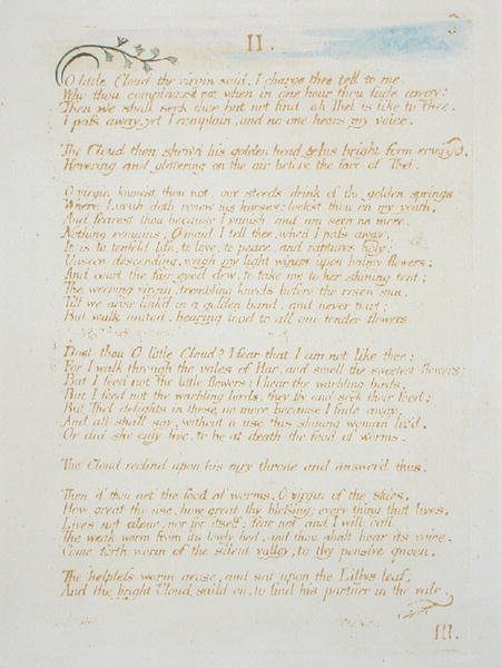 II O Little Cloud..., levy 5 teoksesta The Book of Thel, 1789 (käsinvärinen kohokuvio etsauksella kynällä ja wc:llä paperille) tekijältä William Blake
