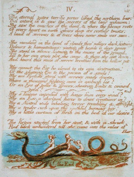 IV. The Eternal gates..., levy 8 The Book of Thel 1789 (reliefetsaus painettu ruskealla wc:llä paperille) tekijältä William Blake