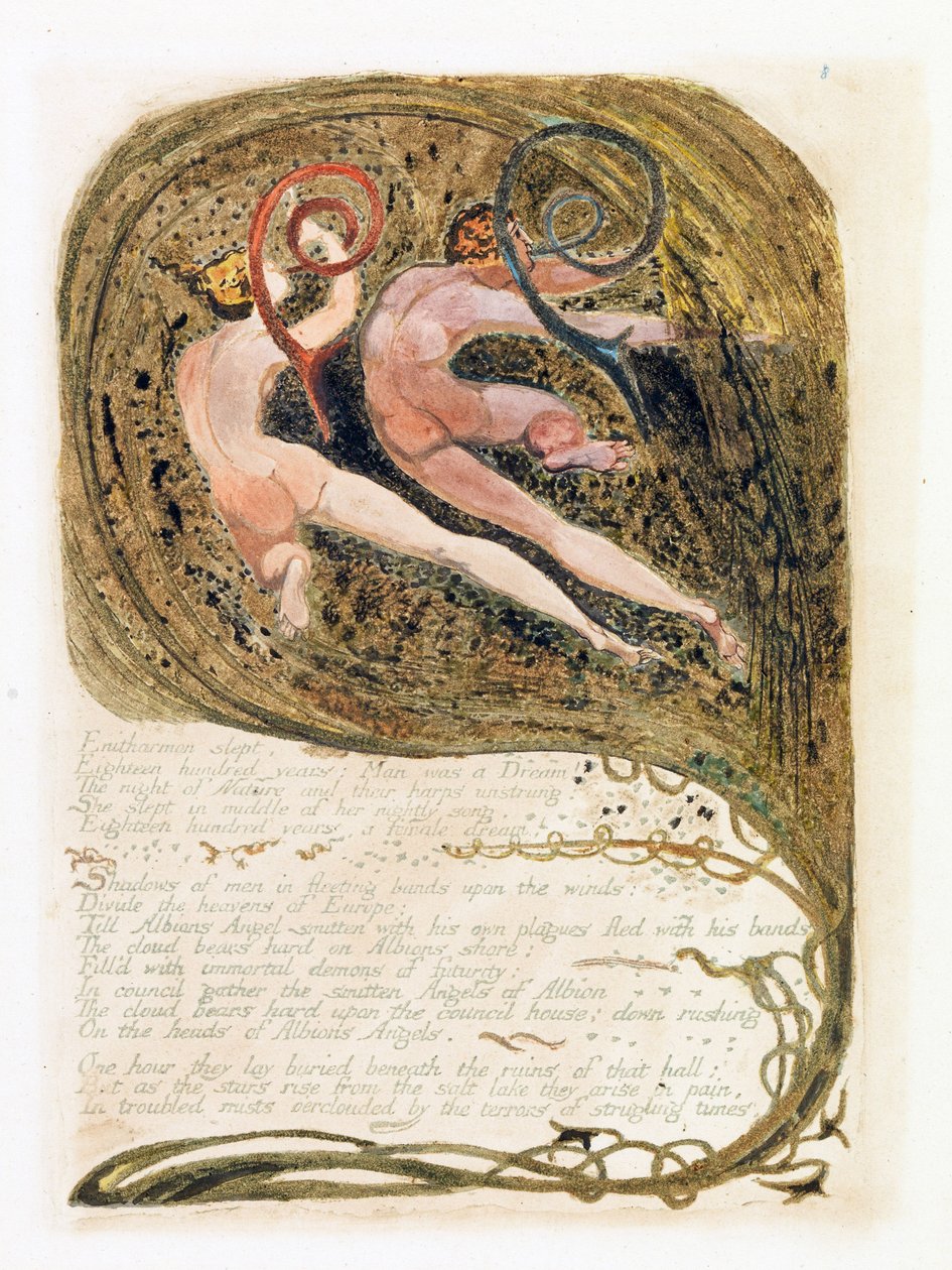Kuvitus "Europe: a Prophecy", Lambeth, 1794 (muste ja wc paperilla) tekijältä William Blake