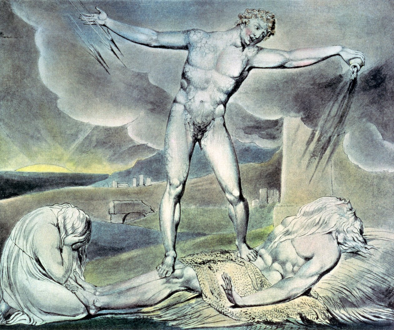 Kuvia Jobin kirjasta; Saatana lyö Jobia kipeillä paiseilla, 1825 (kynä, wc ja kynä) tekijältä William Blake