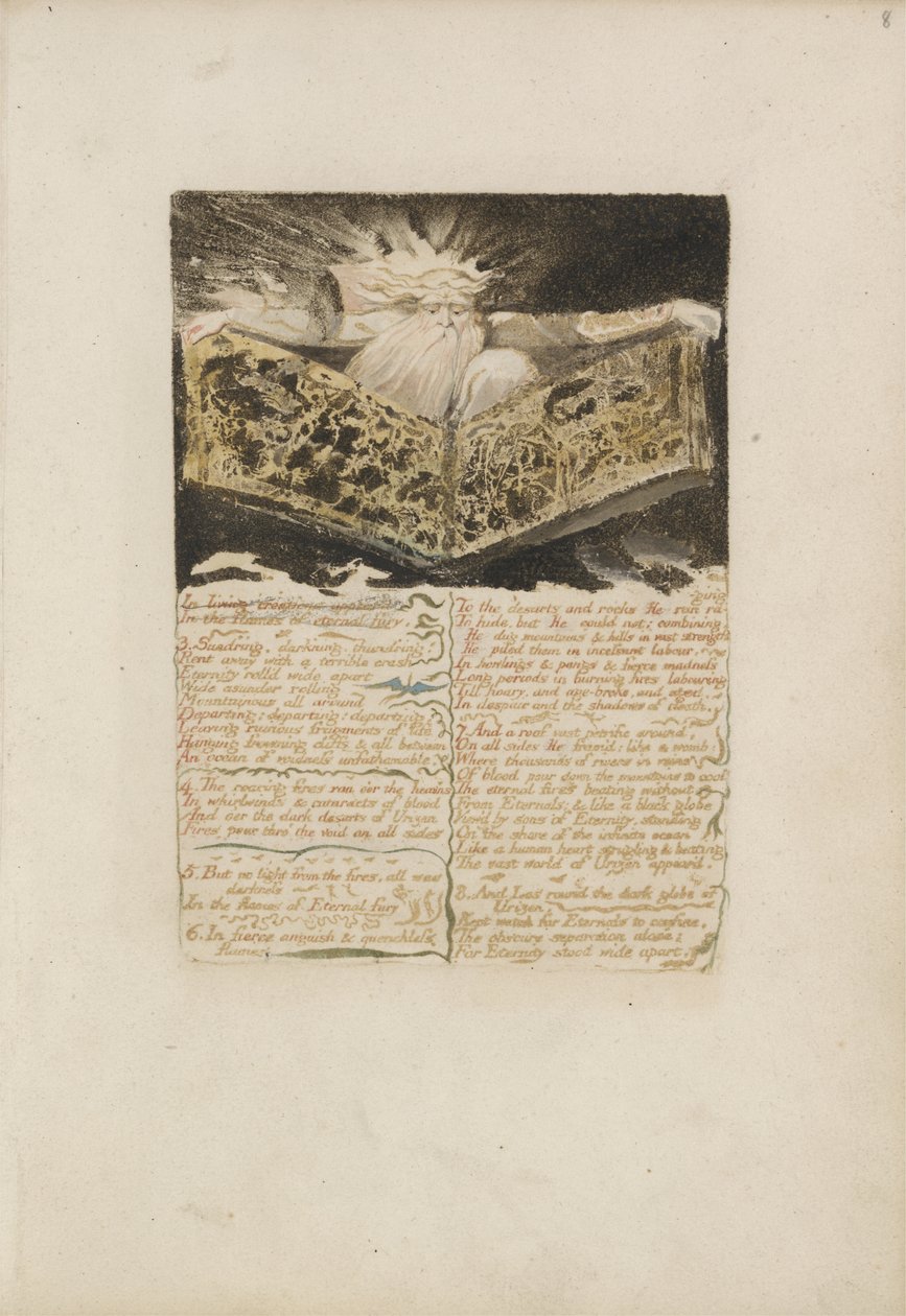 Elävissä luomuksissa ilmestyi..., levy 8 Urizenin ensimmäisestä kirjasta, 1794 (väripainettu kohokuvio musteella ja wc:llä) tekijältä William Blake