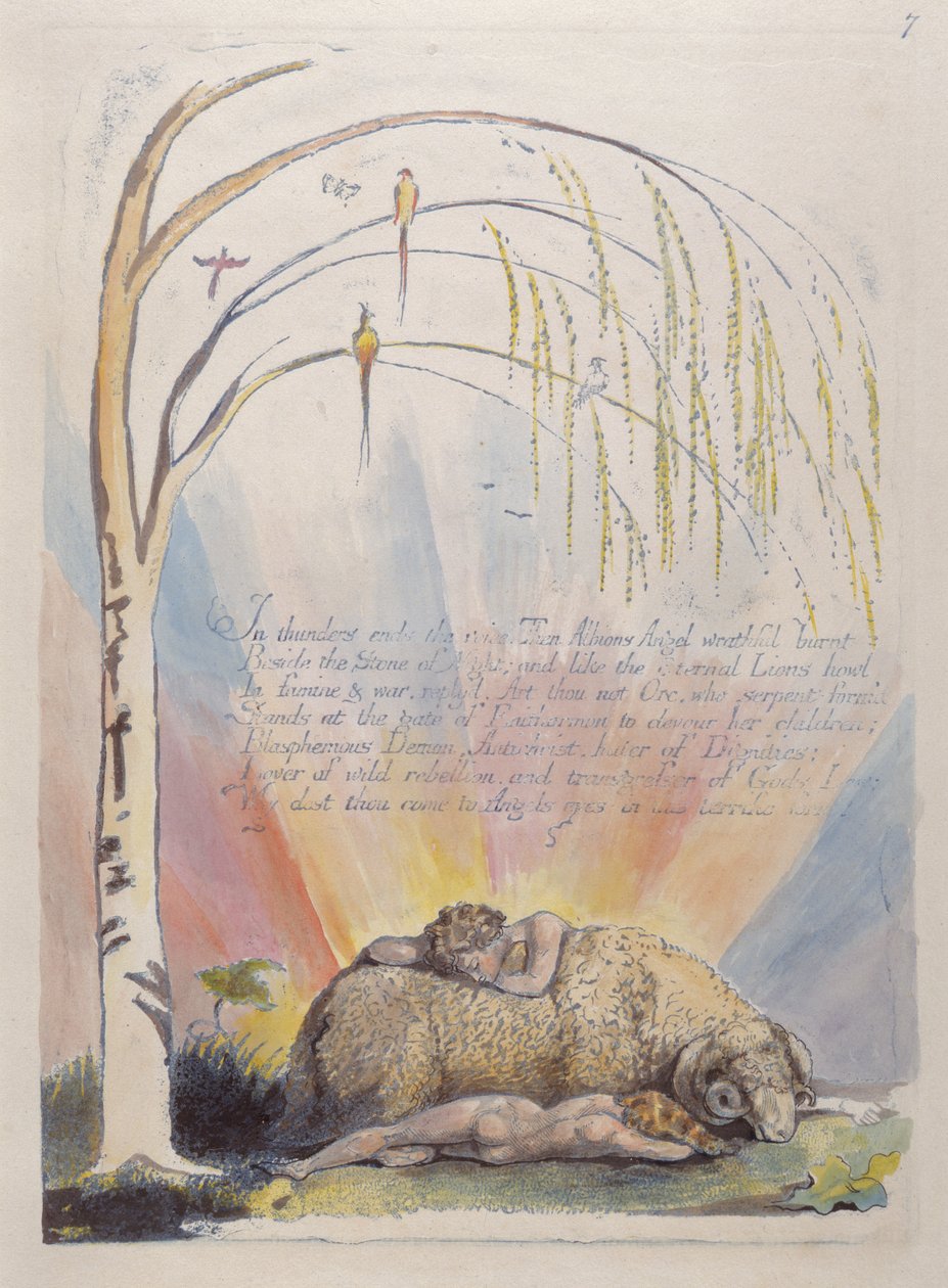 Ukkosäänissä ääni päättyy..., levy 9 Amerikasta: Prophecy, 1793 (reliefietsaus painettu sinisellä kynällä & musteella ja wc:llä) tekijältä William Blake