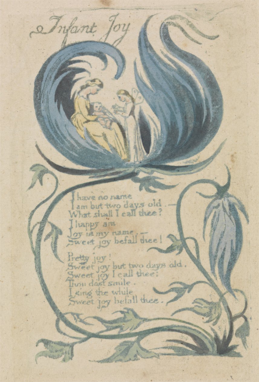 Infant Joy, levy 27 Songs of Innocencesta, 1789 (käsinvärinen kohokuvio etsauksella wc:llä paperille) tekijältä William Blake