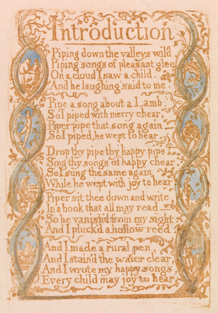 Johdanto, levy 3 julkaisusta Songs of Innocence, 1789 (reliefietsaus wc:llä paperille) tekijältä William Blake