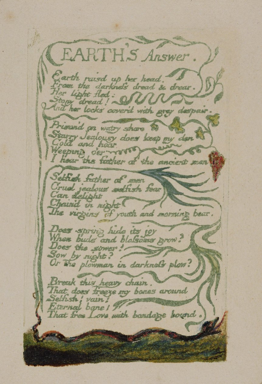 "Johdatus", levy 33 julkaisusta "Songs of Experience", 1794 (reliefietsaus vesiväreillä) tekijältä William Blake