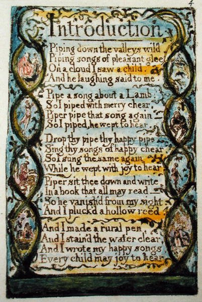 Johdanto, levy 4 (Bentley 4) teoksesta Songs of Innocence and of Experience (Bentley Copy L) 1789-94 (reliefietsaus kynällä ja wc:llä) tekijältä William Blake