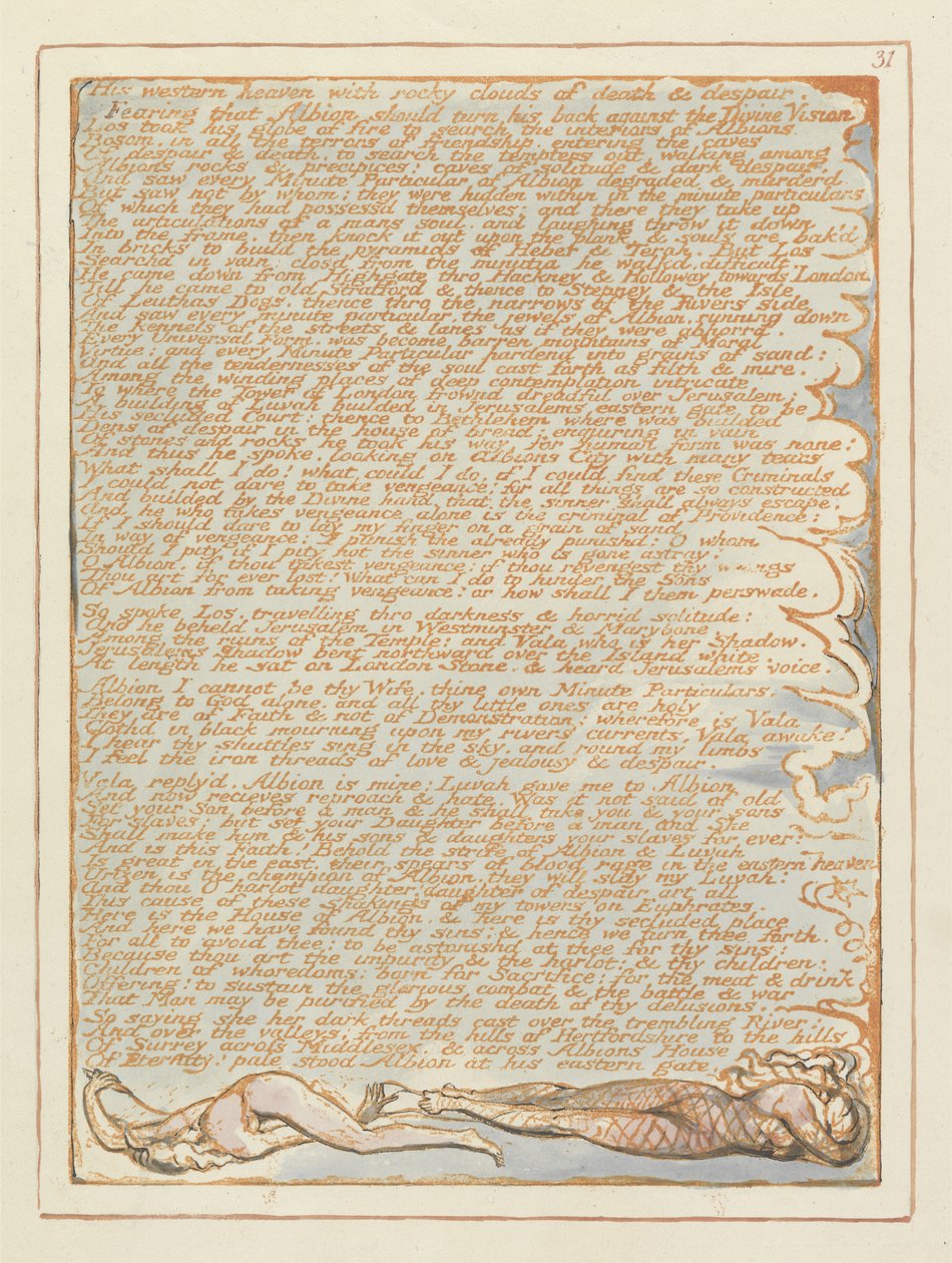 Jerusalem His Western Heaven..., s. 31, Jerusalemista The Emanation of the Giant Albion, kirjoittanut William Blake (1757-1827), 1804-1820 (reliefi etsaus kynällä ja wc:llä paperille) tekijältä William Blake