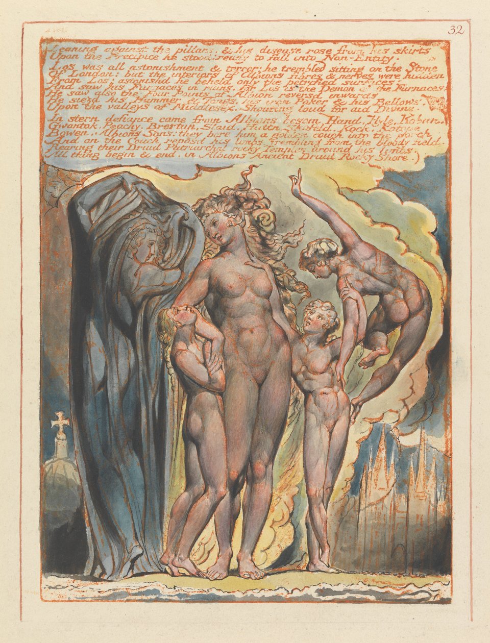 Jerusalem, levy 32, nojaaminen pilareita vasten .... tekijältä William Blake