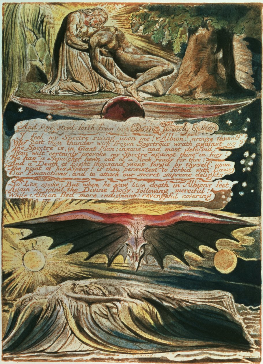 Jerusalem Jättiläisen Albionin emanaatio: Ja yksi nousi esiin, ylhäältä alas, Los Kristuksen tukemana; Albionin hautaus Supulcheriin, 1804, (reljeefsyövytys, valkoviivakaiverrus, wc) tekijältä William Blake
