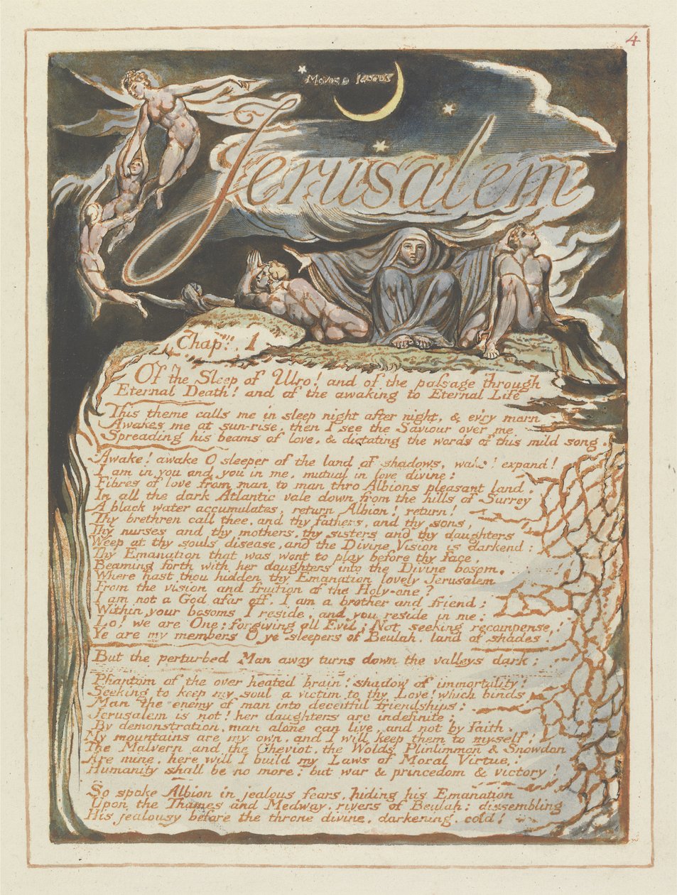 Jerusalem, levy 4 Jerusalemista, 1804-20 (reliefi-etsaus painettu oranssilla kynällä ja wc:llä) tekijältä William Blake