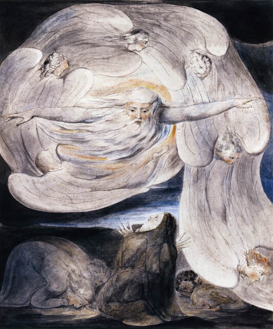 Job tunnustaa olettamuksensa Jumalalle, joka vastaa tuulispäästä tekijältä William Blake