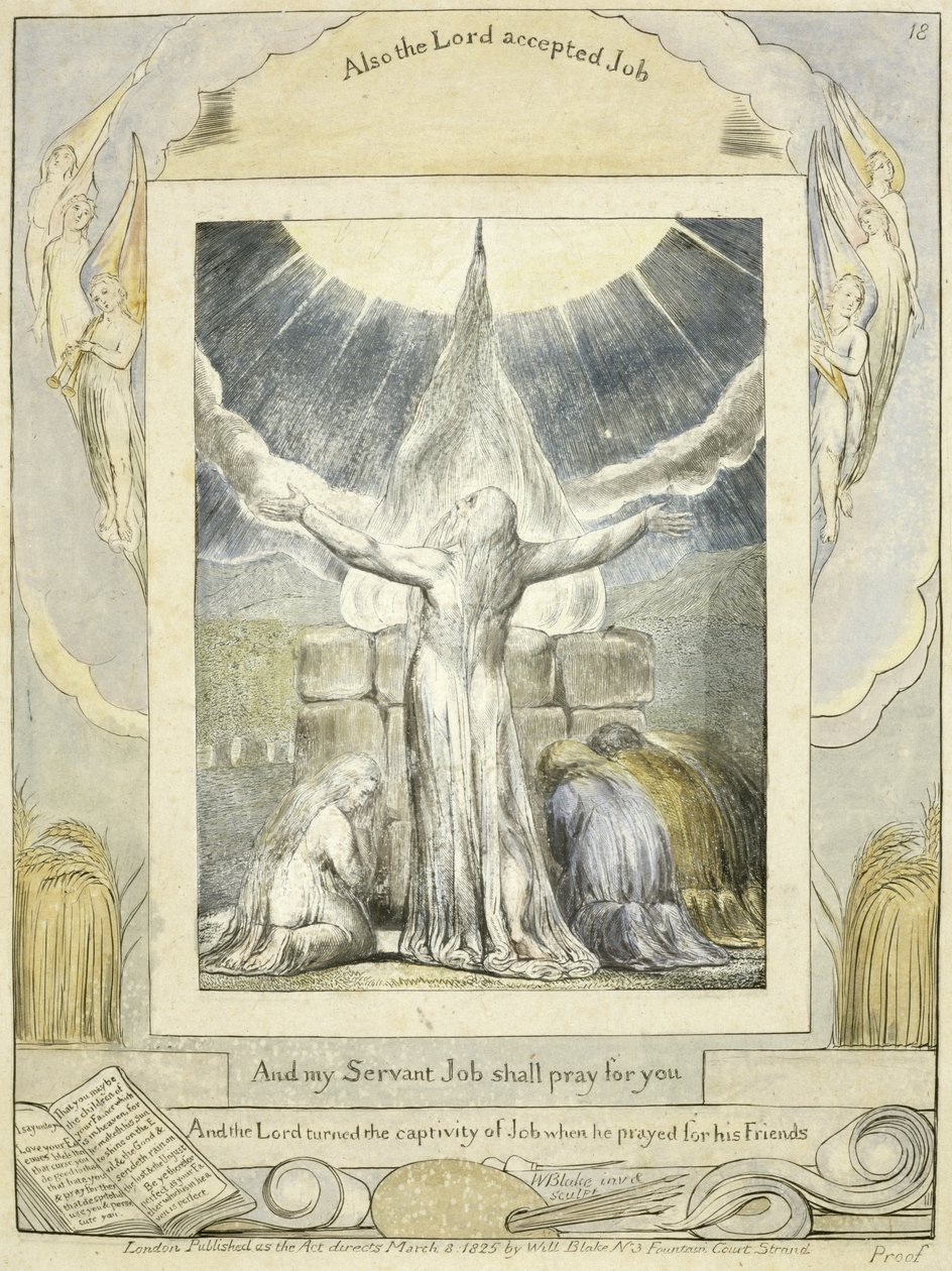Job Praying (s. 18) Jobin kirjasta, n. 1793 (käsin sävytetty viivakaiverrus) tekijältä William Blake