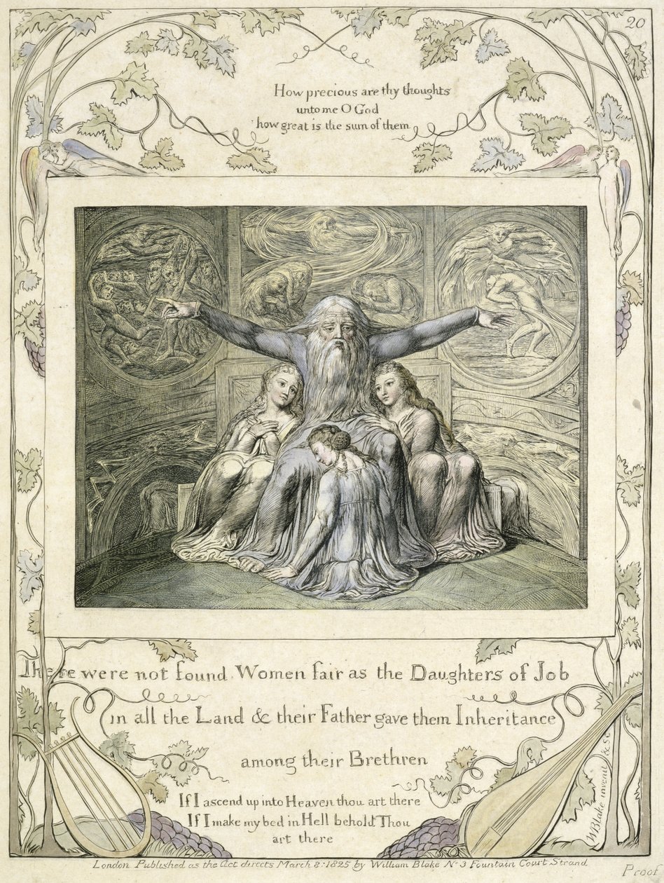 Job ja hänen tyttärensä (kuva 20) Jobin kirjasta, noin 1793 (käsin sävytetty viivakaiverrus). tekijältä William Blake