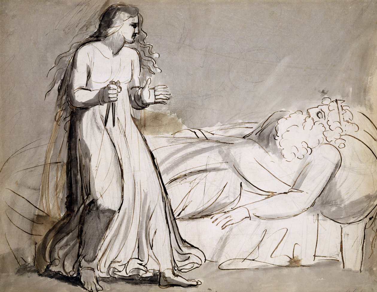 Lady Macbeth lähestyy murhattua Duncania (tussi ja pesu). tekijältä William Blake