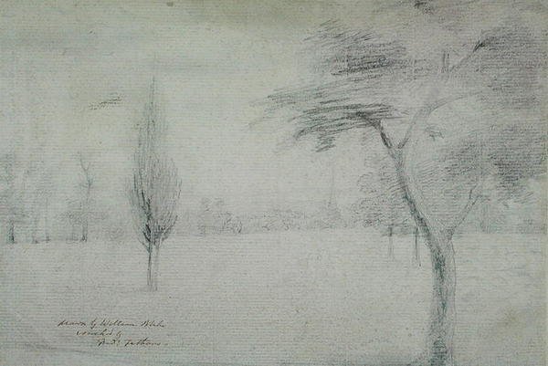 Maisema tornin kanssa, n. 1801 tekijältä William Blake
