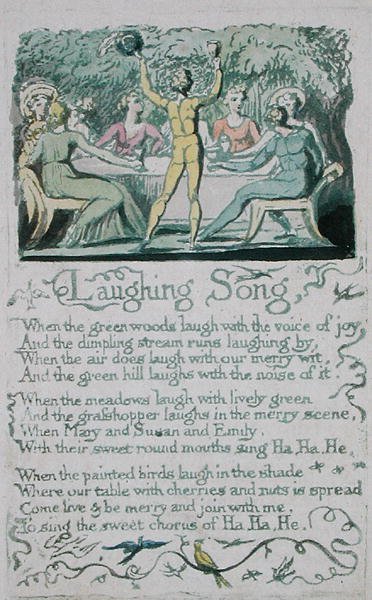 Naurulaulu, levy 13 julkaisusta Songs of Innocence, 1789 (käsinvärinen kohokuvio vesiväreillä) tekijältä William Blake