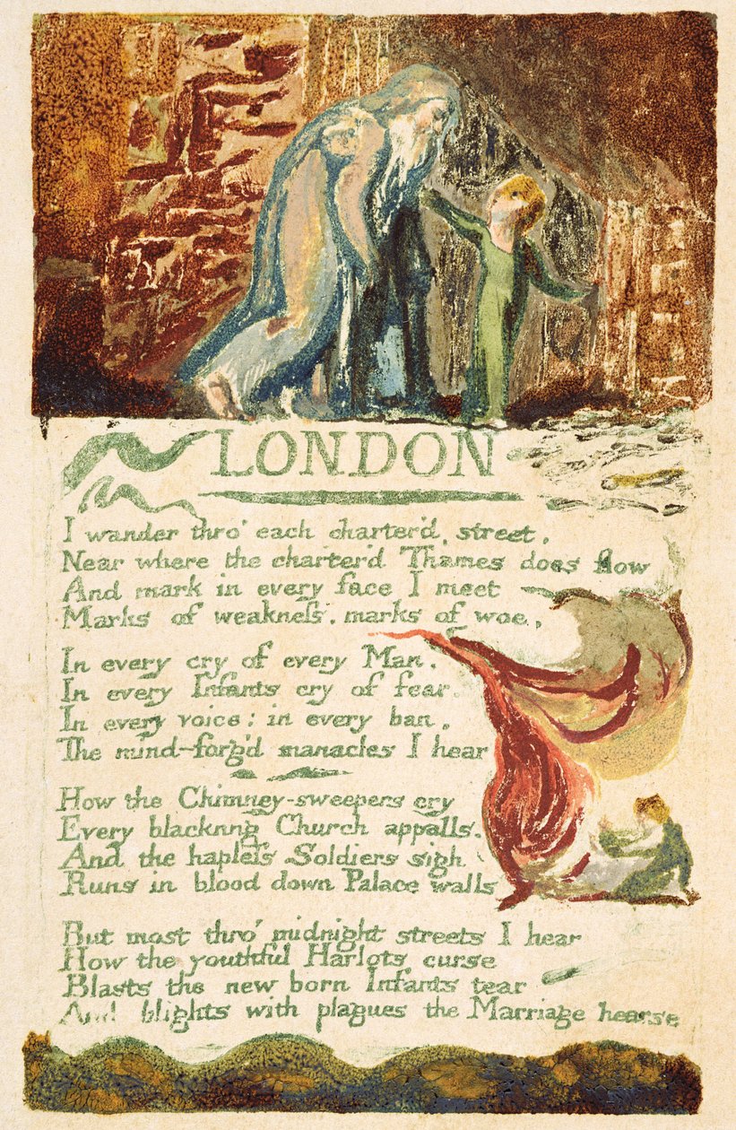"London", levy 38 kappaleesta "Songs of Experience", 1794 (väripainettu etsaus wc:llä) tekijältä William Blake