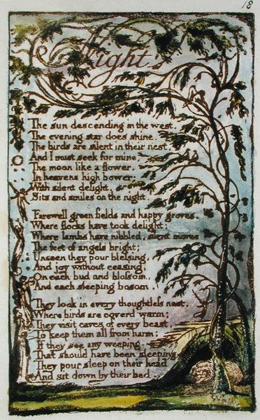 Yö, kuvitus teoksesta Songs of Innocence and of Experience (Bentley Copy L) pl.18 (Bentley 20) 1789-94 (reliefietsaus kynällä ja wc:llä paperille) tekijältä William Blake