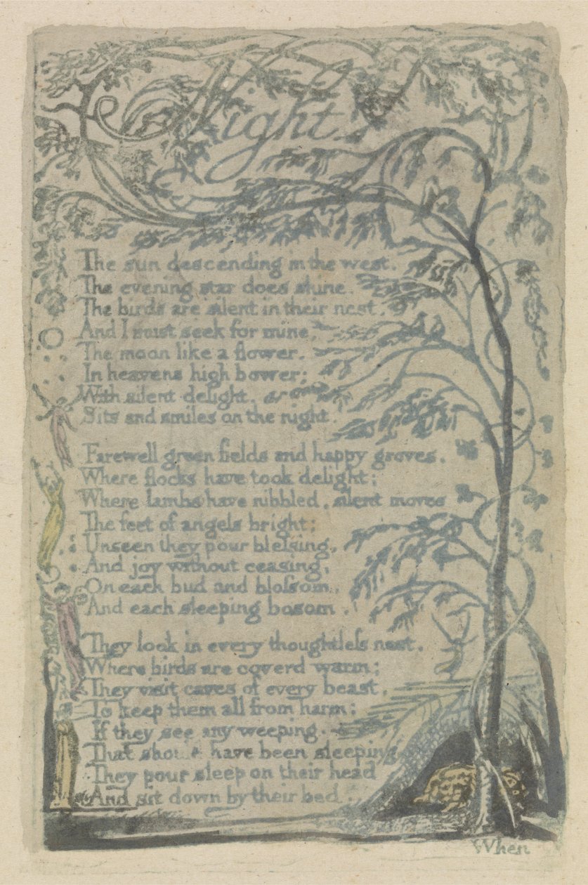 Yö, levy 29 teoksesta Songs of Innocence, 1789 (käsinvärjätty kohokuvio vesiväreillä) tekijältä William Blake