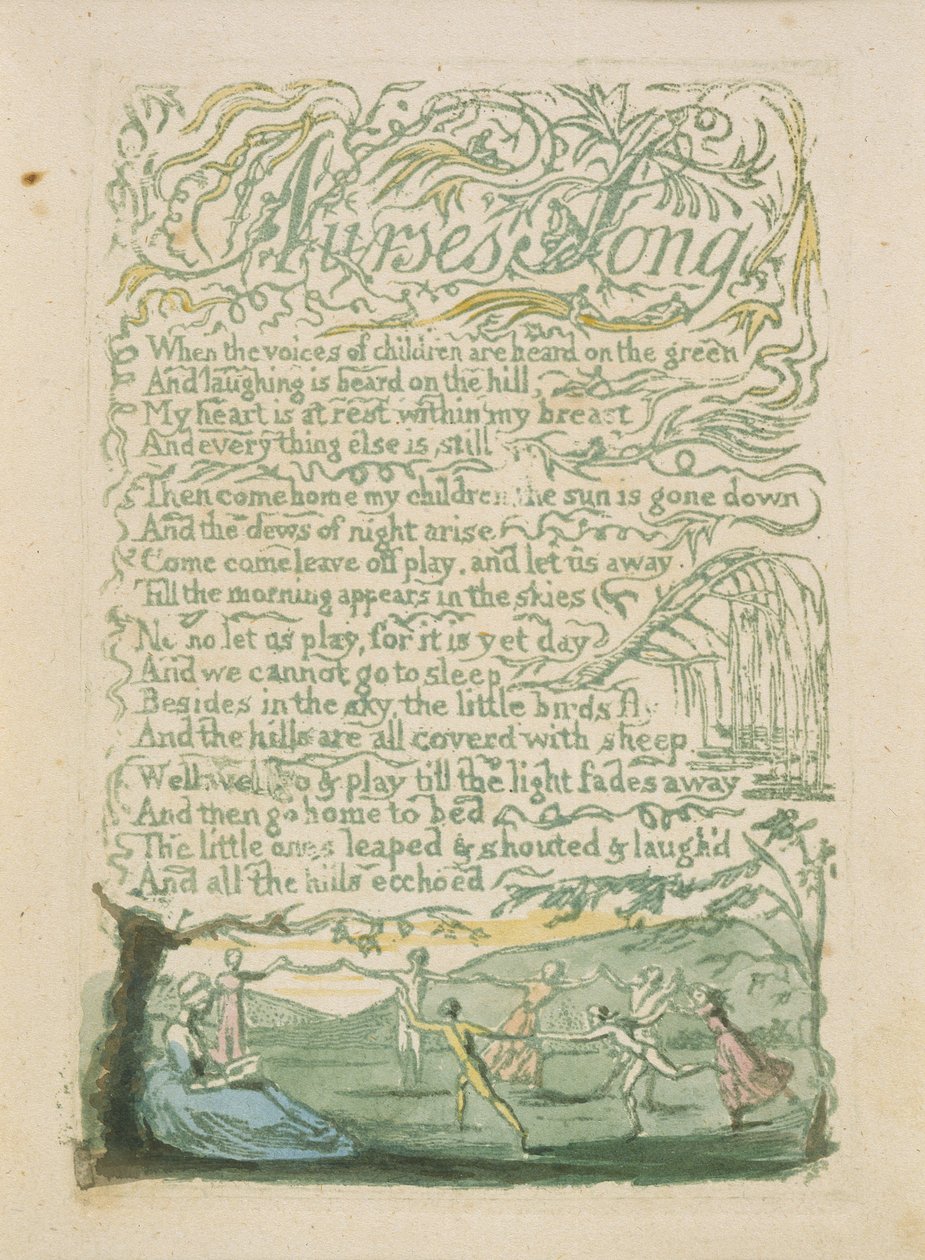 "Sairaanhoitajan laulu", levy 18 julkaisusta "Songs of Innocence", 1789 (käsinvärinen kohokuvio vesiväreillä) tekijältä William Blake