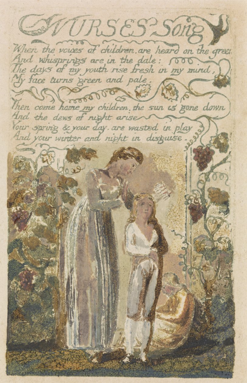 Nurses Song, levy 36 julkaisusta Songs of Experience, 1794 (reliefetsaus wc:llä) tekijältä William Blake