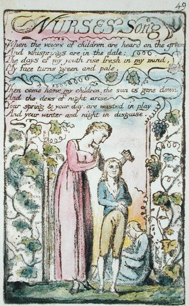 Nurses Song, levy 49 (Bentley 38) julkaisusta Songs of Innocence and of Experience (Bentley Copy L) 1789-94 (kohotettu etsaus kynällä ja wc:llä) tekijältä William Blake