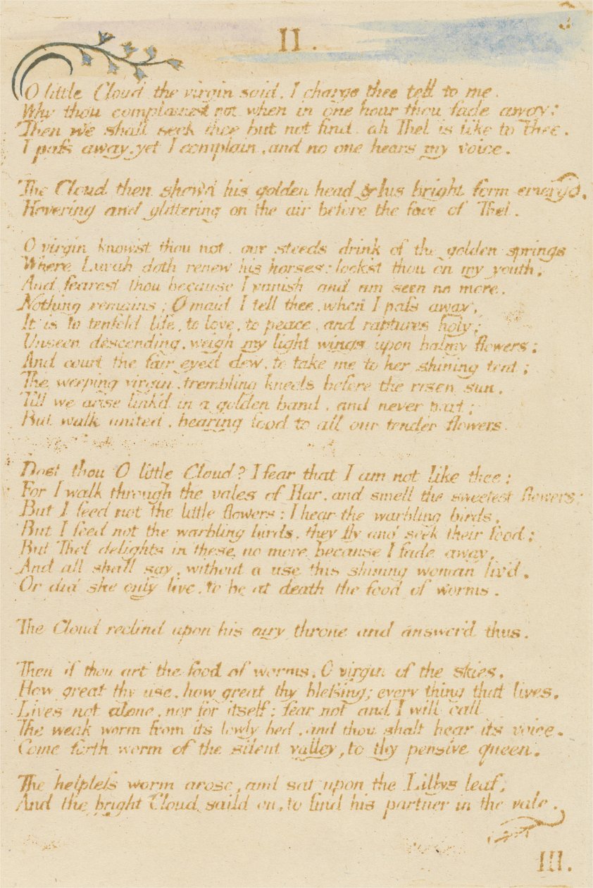 Oi pieni pilvi..., levy 5 Thel-kirjasta, 1789 (ruskealla wc:llä painettu kohokuvioetsaus) tekijältä William Blake