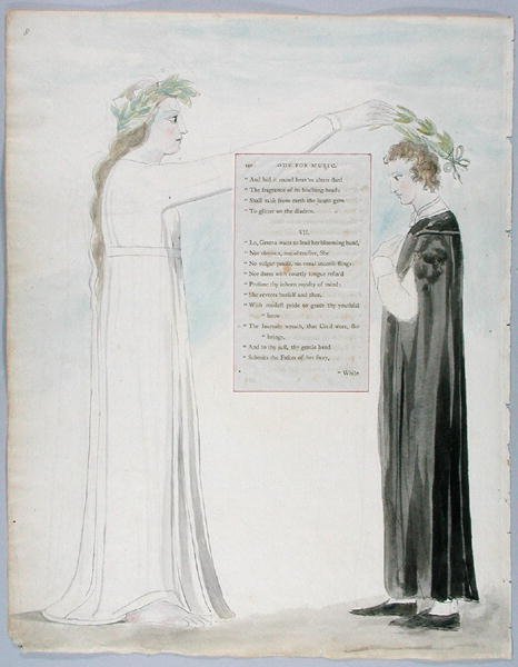 Oodi musiikille, malli 100 teoksesta The Poems of Thomas Gray, 1797-98 (wc, tussi ja tussi paperille). tekijältä William Blake