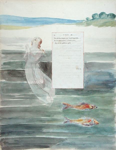 Oodi suosikkikissan kuolemasta Thomas Grayn runoista, julkaistu 1797-98 (wc ja musta muste paperilla) tekijältä William Blake