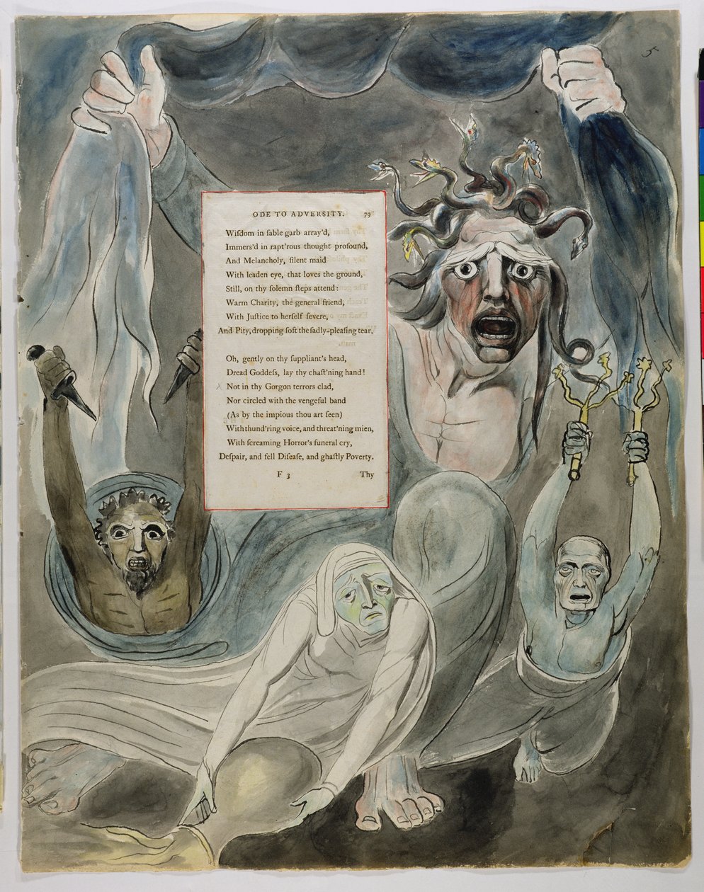 Oodi vastoinkäymisiin, teoksesta "The Poems of Thomas Gray", 1797-98 (wc ja musta muste paperille) tekijältä William Blake
