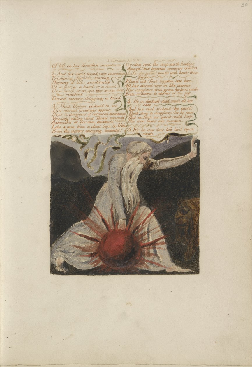 Elämän hylätyistä vuorista..., levy 24 Urizenin ensimmäisestä kirjasta, 1794 (väripainettu kohokuvio musteella ja wc paperille) tekijältä William Blake