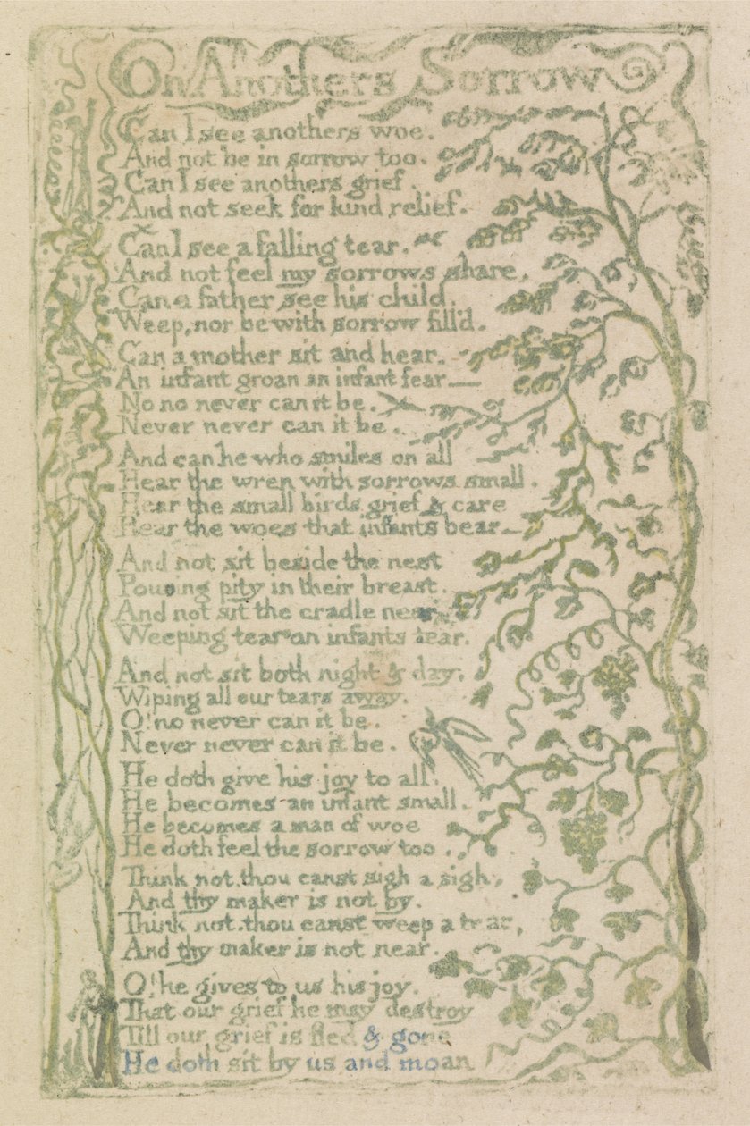 On Others Sorrow, levy 7 julkaisusta Songs of Innocence, 1789 (käsinvärinen kohokuvio vesiväreillä) tekijältä William Blake