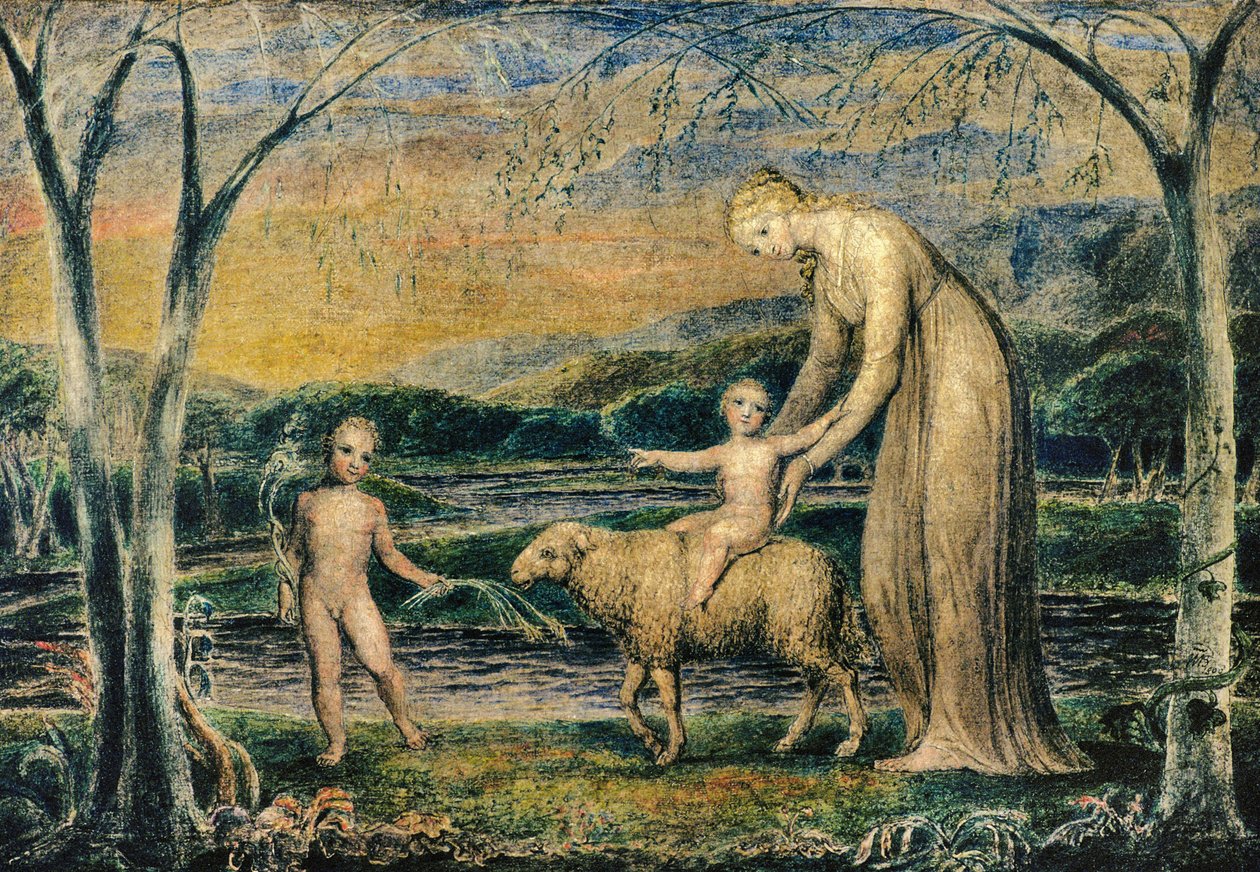 Neitsyt Neitsyt Jeesus-lapsen kanssa ratsastamassa karitsalla Pyhän Johanneksen kanssa, 1800 (tempera) tekijältä William Blake