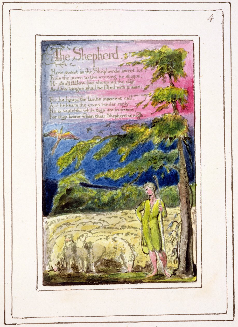 P.124-1950.pt4 The Shepherd: levy 4 kappaleesta Songs of Innocence and of Experience (kopio R) n. 1802-08 (etsaus, muste ja wc) tekijältä William Blake