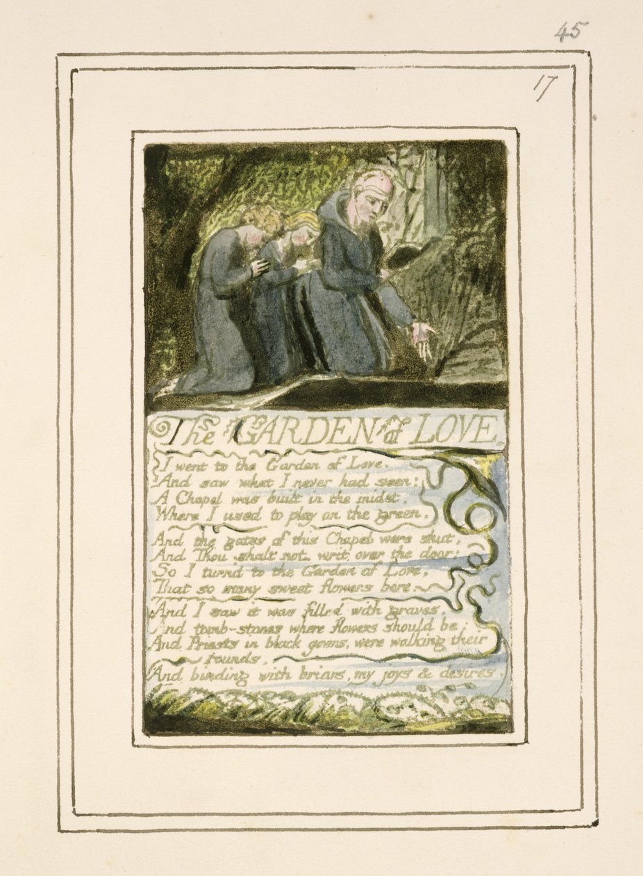 P.124-1950.pt45 The Garden of Love: levy 45 julkaisusta Songs of Innocence and of Experience (kopio R) n. 1802-08 (etsaus, muste ja wc) tekijältä William Blake