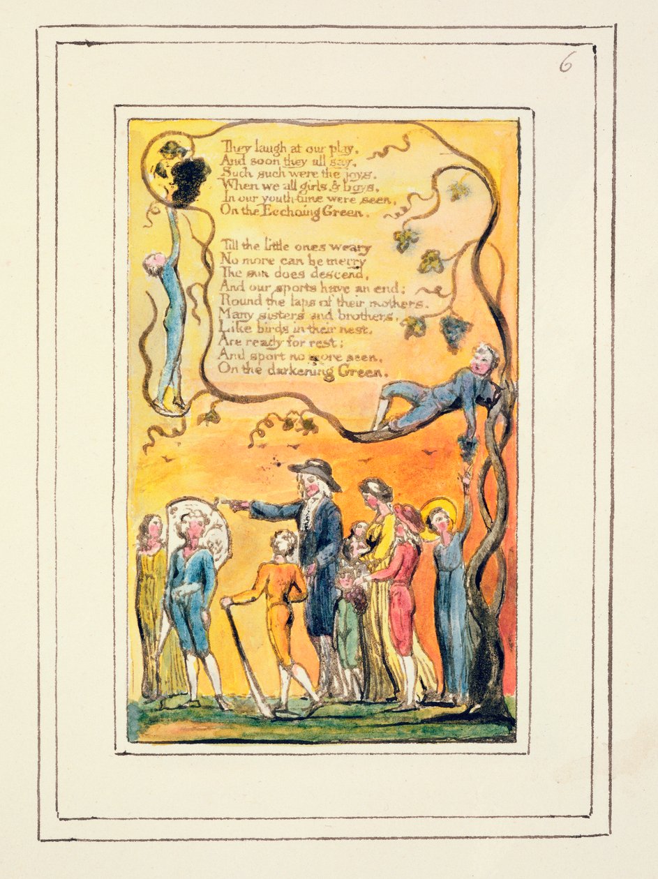 P.124-1950.pt6 The Echoing Green (jatkuu): levy 6 teoksesta Songs of Innocence and of Experience (kopio R) n.1802-08 (etsaus, tussi ja wc). tekijältä William Blake