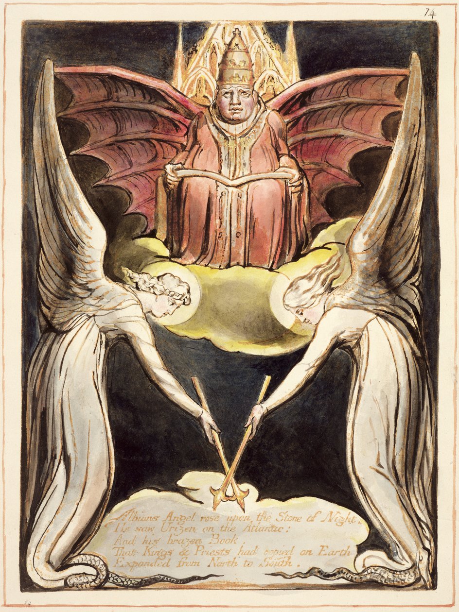 P.127-1950.pt.32 Pappi Kristuksen valtaistuimella, päällään paavin tiara ja lepakon siivet julkaisusta "Europe, A Prophecy", n. 1821 (reliefietsaus kynällä ja wc:llä paperille) tekijältä William Blake