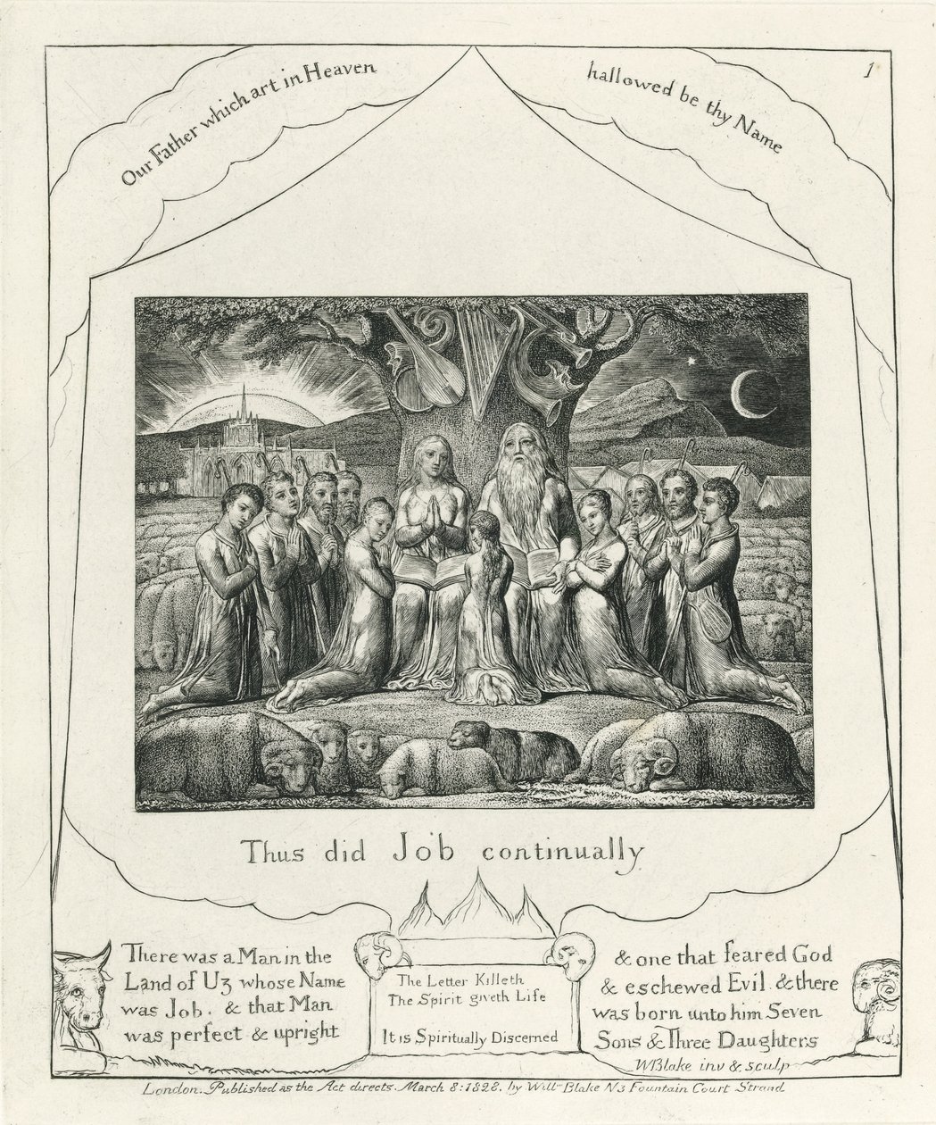 Levy 1, Job ja hänen perheensä, kuva Jobin kirjasta, n. 1825 (musta hiilimuste paperilla) tekijältä William Blake