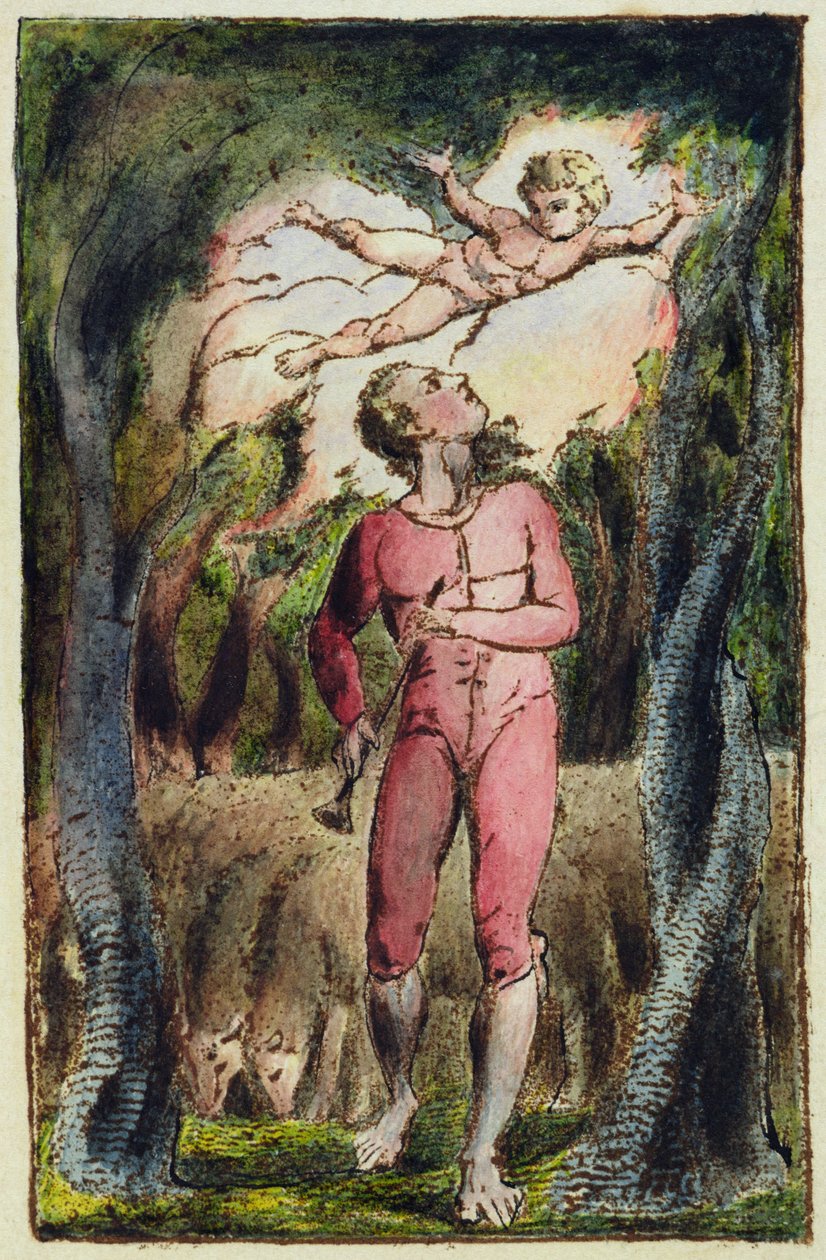 Laatta 1 teoksesta "Songs of Innocence and of Experience" (Bentley 2) 1789-74 (kohopainatuksellinen kaiverrus, kynä ja wc). tekijältä William Blake