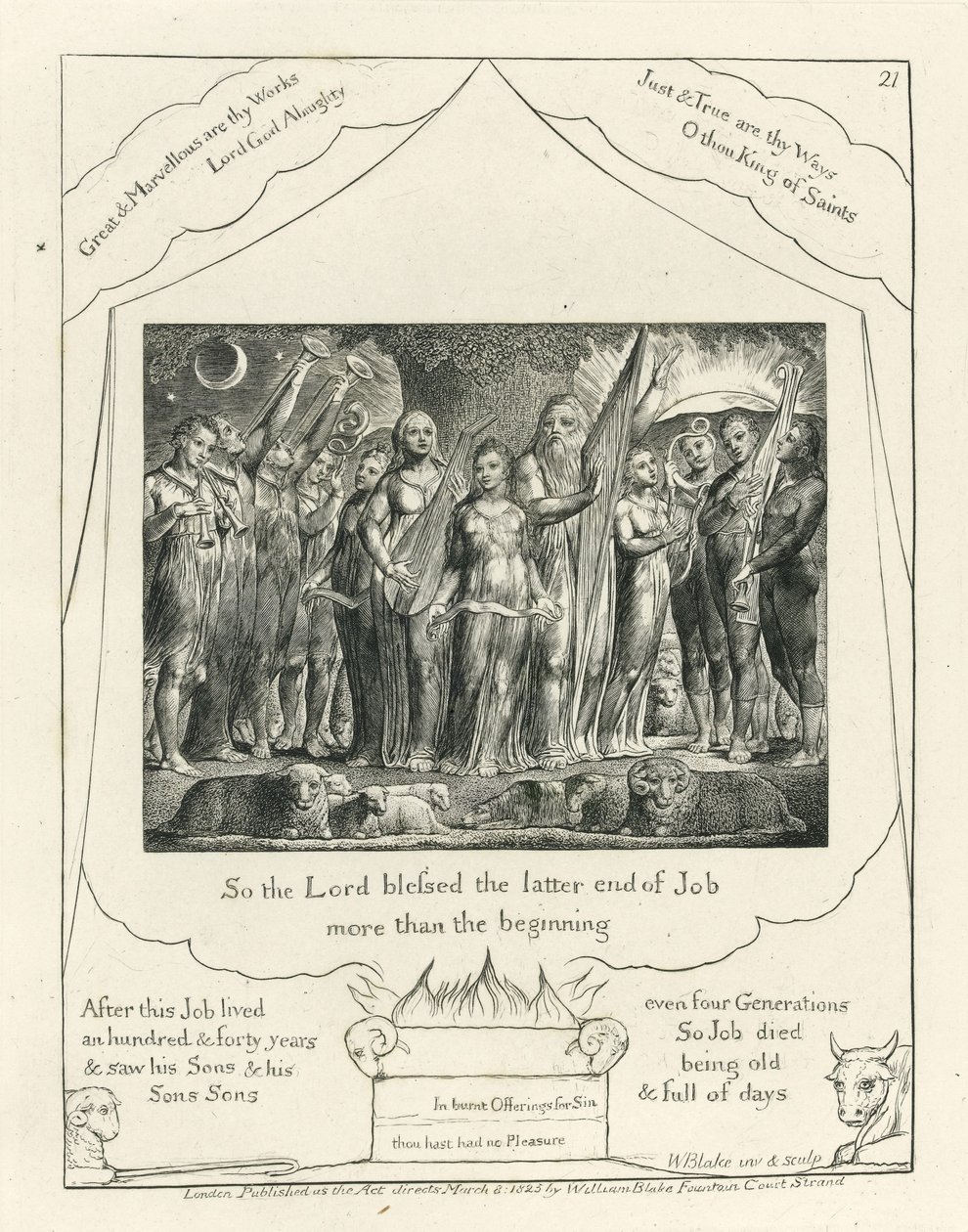 Levy 21, Job ja hänen vaimonsa ennallistettuna, kuva Jobin kirjasta, n. 1825 (musta hiilimuste paperilla) tekijältä William Blake