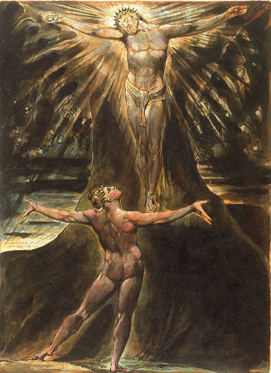Levy 76 Jerusalemista, 1804-20 (oranssilla painettu kohokuvio, kynällä ja wc:llä paperille) tekijältä William Blake