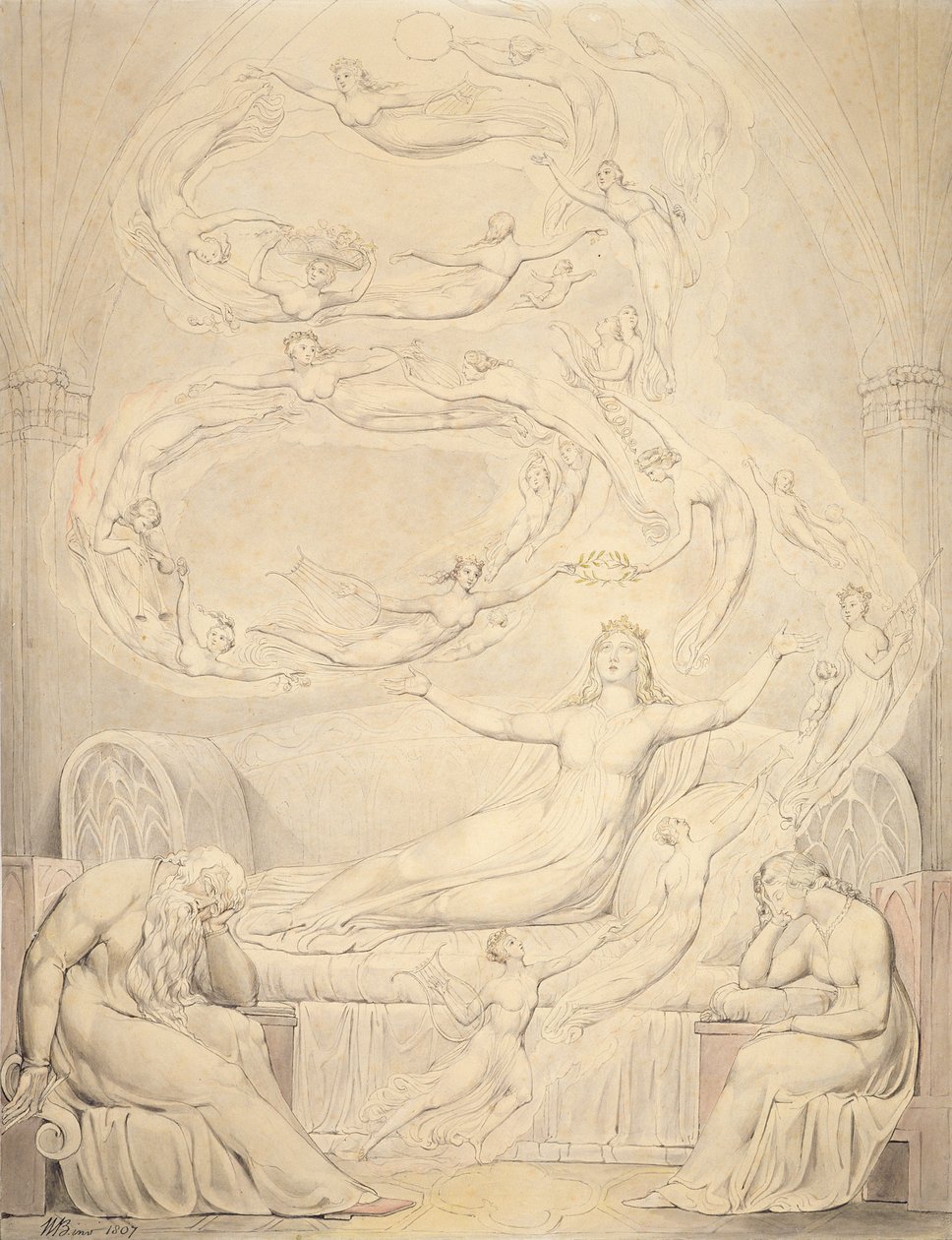 Kuningatar Katherinen unelma, 1807 (kynä grafiitin päällä paperilla) tekijältä William Blake